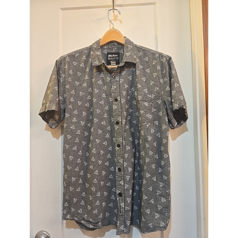 Harry Potter Mens Gray Button Down Shirt Deathly Hallows Symbol 100% Cotton Sz L